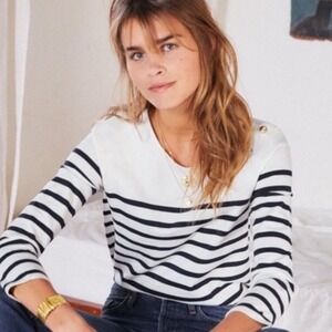 Sezane Mariniere Striped Top Ecru Black Womens Size Medium Cotton Button French